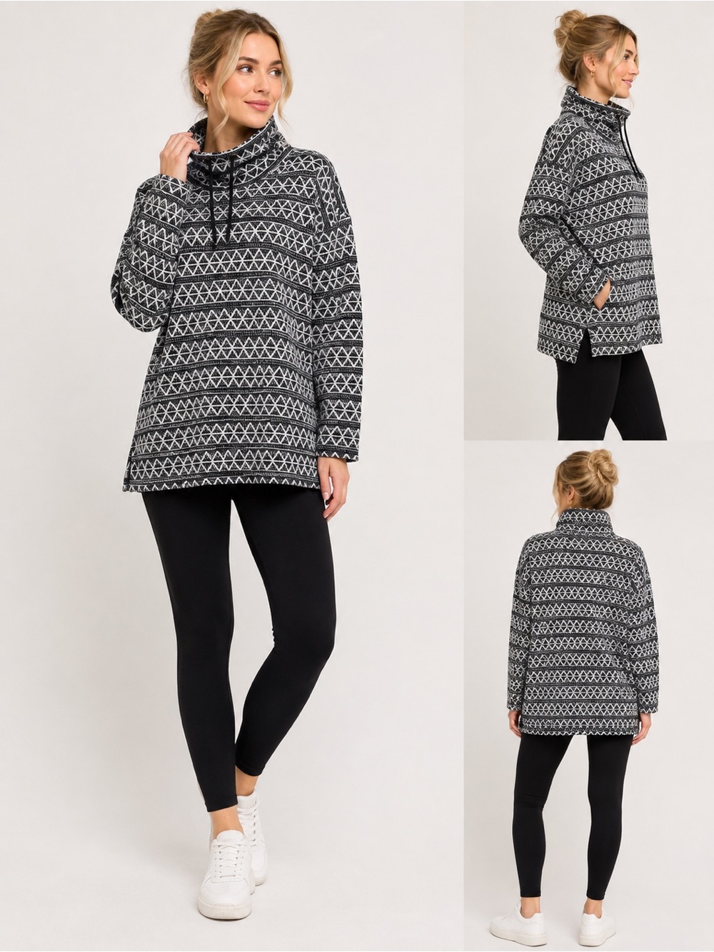 CHAPS Geometric Fair Isle Cowl Neck Cotton Sweater Black White M
